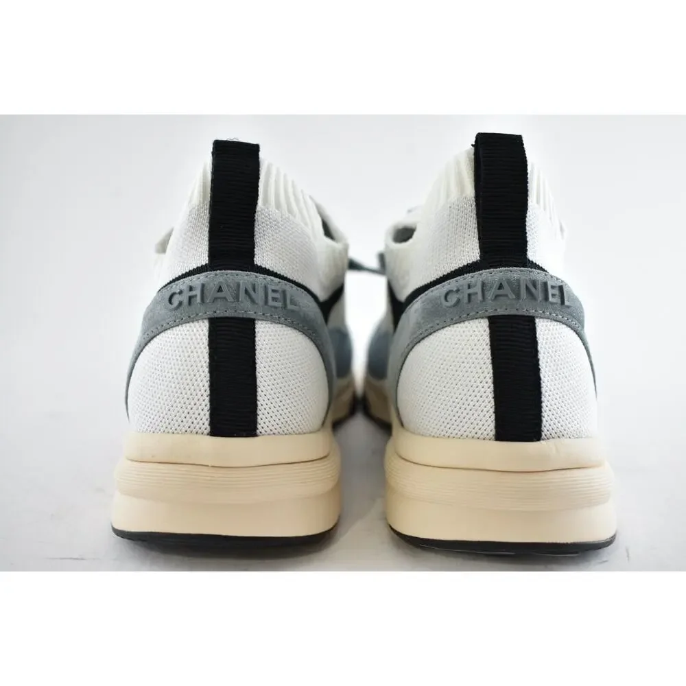 Chanel 22C Mens Blue White Grey Suede Knit CC Logo Low Top Trainer Sneaker 44 11 - Picture 7 of 8